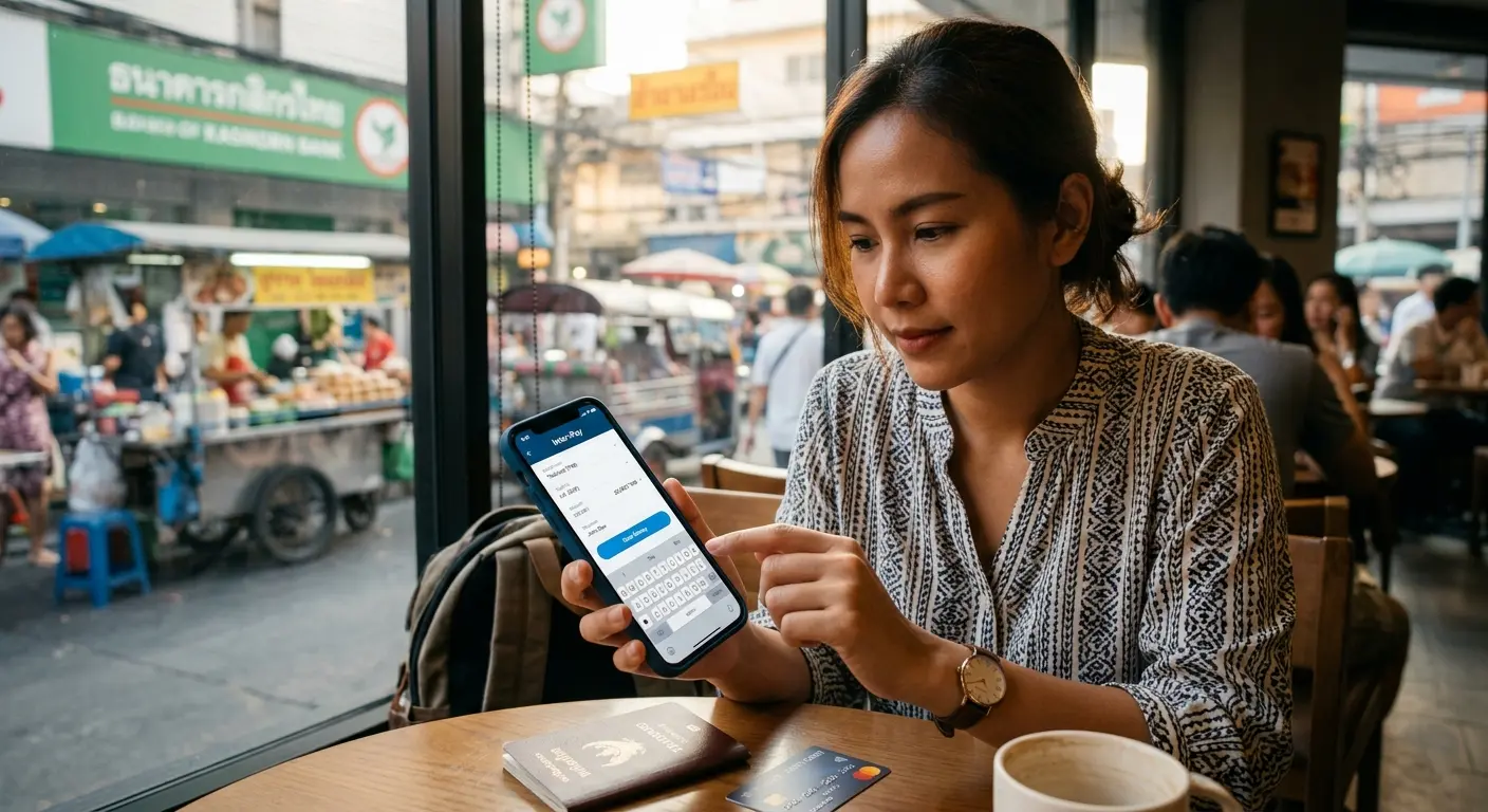 Person using phone app to send money internationally from Thailand